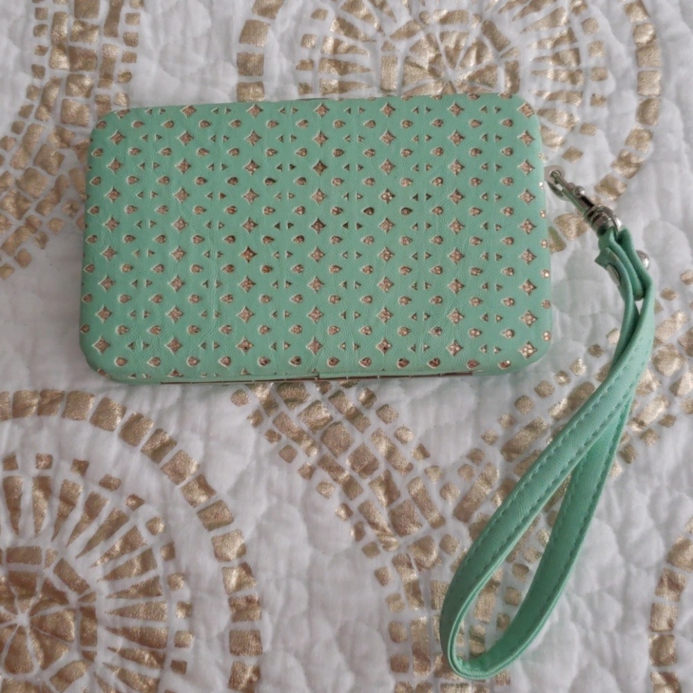 Mint and gold clutch